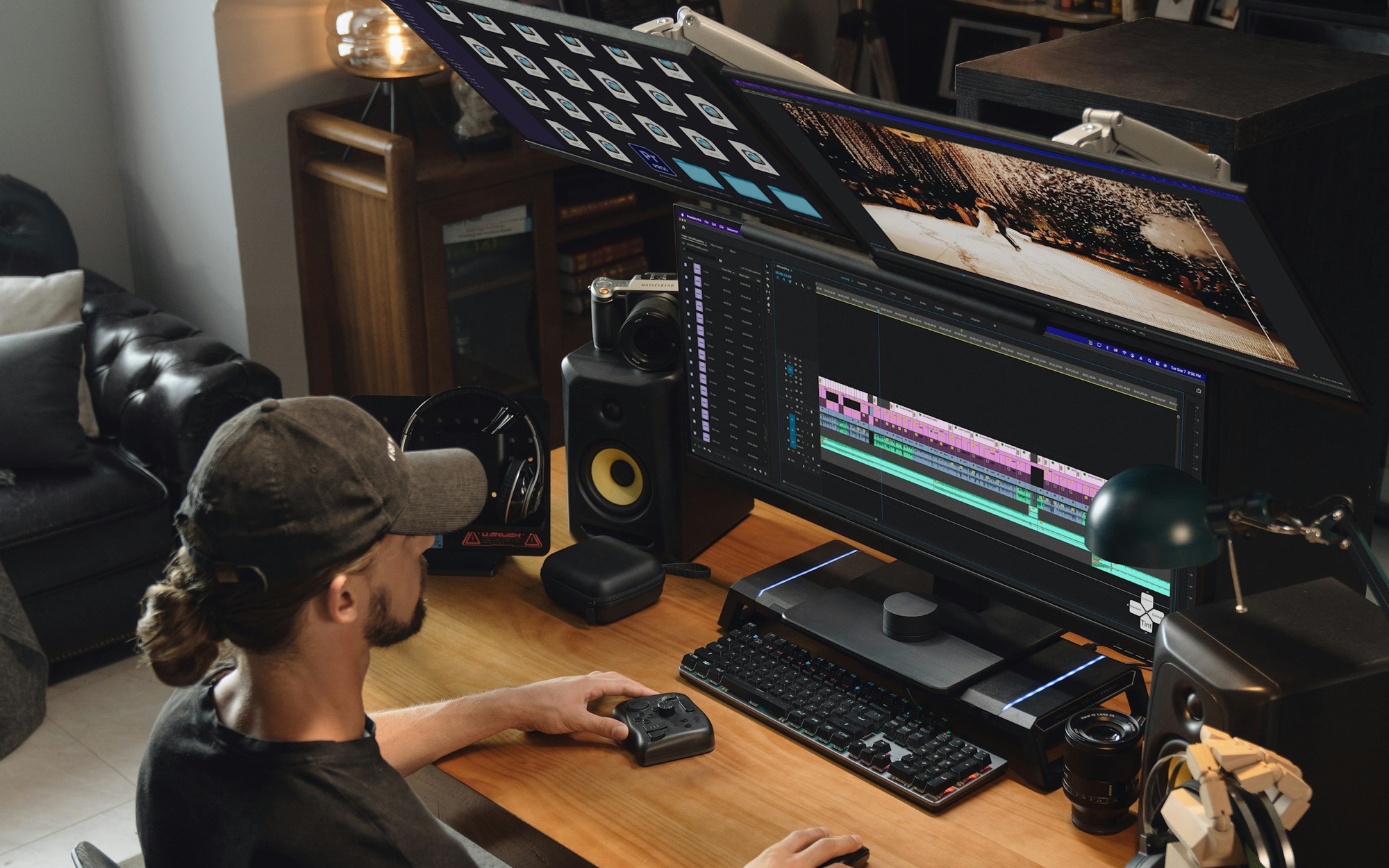 A real video editor working at a professional multi-monitor editing workstation